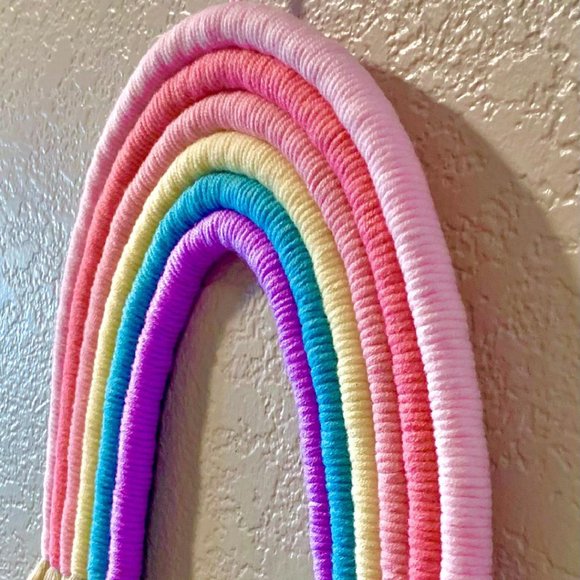 Pink Yellow Purple Woven Tasseled Boho Rainbow Wall Hanging Children's Decor New - Picture 2 of 3